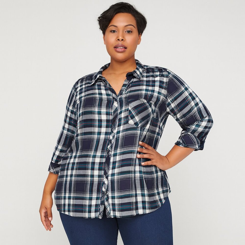 Catherines Women’s Plaid Button-Front Shirt – Size 2X – 100% Rayon – 3/4 Sleeves